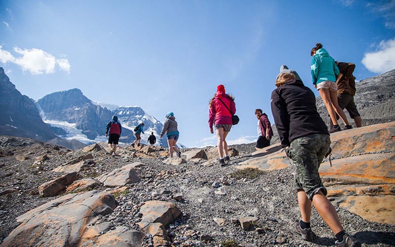 Erkunde den majestätischen Athabasca-Gletscher mit AIFS Kanada Adventure Trips: Naturverbundene Abenteuer in den Bergen.